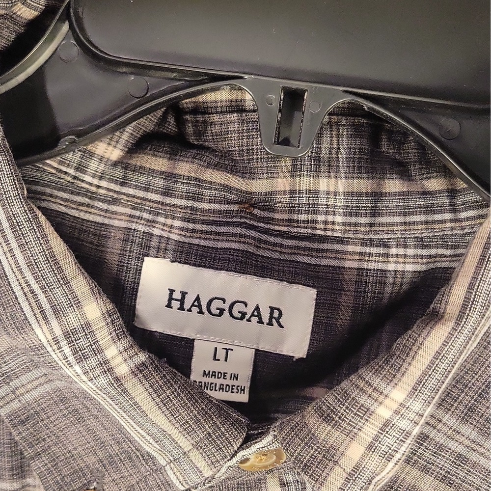 Haggar Men's Big & Tall LT Plaid Woven Cotton/Poly Button-Down Shirt Gray/White - Picture 8 of 14